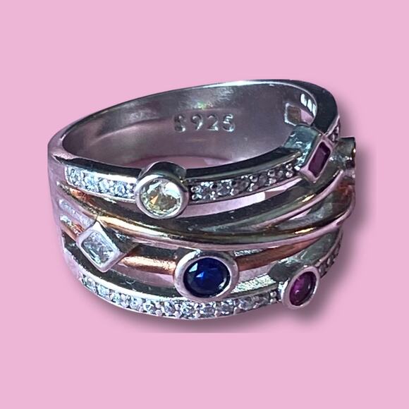 Sterling Silver and lab Created Gemstones Ruby and Safire and ZC size 5.5 - Picture 2 of 5